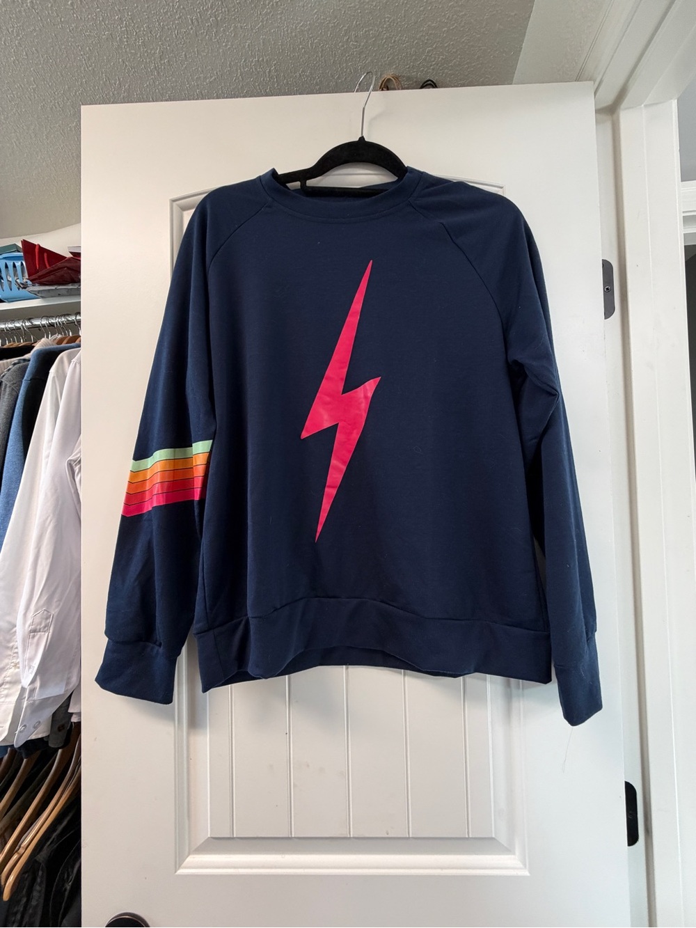 Navy Men's Lightning Bolt Crewneck Sweater with Rainbow Sleeve